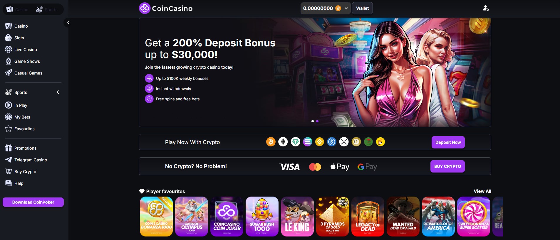 CoinCasino Chicken Road Casino Front Page screenshot showing the main welcome promotion